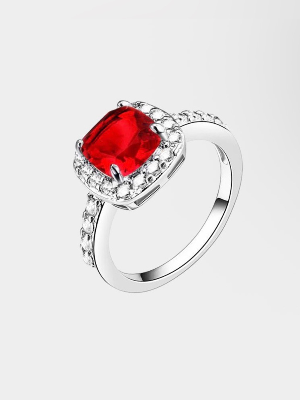 Silver Ring with Red Cushion Gemstone and Halo